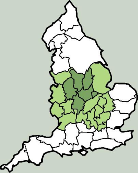 The Kingdom of Mercia at its greatest extent (7th to 9th centuries) is shown in green, with the original core area (6th century) given a darker tint.