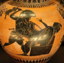 Priam killed by Neoptolemus, son of Achilles, detail of an Attic black-figure amphora, ca. 520 BC–510 BC Louvre