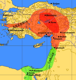 The Hittite Empire of Asia Minor in ca. 1300 BC (light red)
