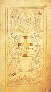 The Angels crown Canute the Great, while he and Emma of Normandy donate the Winchester Cross to the Church