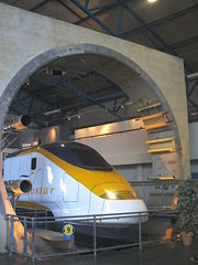 The Channel Tunnel exhibit at the National Railway Museum in York, England. The exhibit shows a cross section of the Channel Tunnel and a Eurostar train.