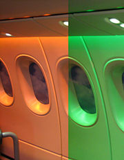 The Dreamliner cabin is equipped with LED lighting and electronic window shades.