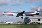 An American Airlines 777-200ER landing at London Heathrow Airport