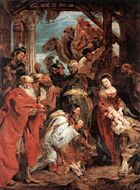 Adoration, by Peter Paul Rubens. Dynamic figures spiral down around a void: draperies blow: a whirl of movement lit in a shaft of light, rendered in a free bravura handling of paint.