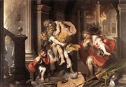Aeneas flees burning Troy, Federico Barocci, 1598: a moment caught in a dramatic action from a classical source, bursting from the picture plane in a sweeping diagonal perspective.