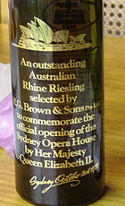 Gold lettering on collectible Sydney Opera House wine, a Riesling