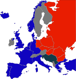 Warsaw Pact countries to the east of the Iron Curtain are shaded red; NATO members to the west of it — blue. Militarily neutral countries  − grey. Yugoslavia, although communist-run, was independent of the Eastern Bloc. Similarly, communist Albania broke with the Soviet Union in the early 1960s, aligning itself with the People's Republic of China after the Sino-Soviet split.