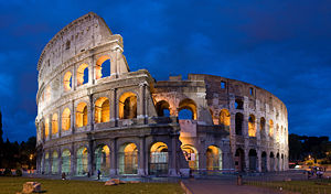 The Colosseum at dusk: exterior view of the best-preserved section