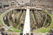 The Colosseum arena, showing the hypogeum. The wooden walkway is a modern structure.