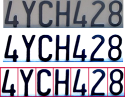 Steps 2, 3 and 4: The licence plate is normalised for brightness and contrast and then the characters are segmented ready for OCR