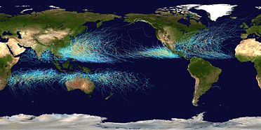 Map of the cumulative tracks of all tropical cyclones during the 1985–2005 time period. The Pacific Ocean west of the International Date Line sees more tropical cyclones than any other basin, while there is almost no activity in the Atlantic Ocean south of the Equator.
