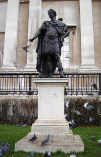 Statue of James II in Trafalgar Square, London. This dates from 1686 and is attributed to the studio of Grinling Gibbons. It is one of only two known public statues of the monarch - the other resides at University College, Oxford. (January 2006)