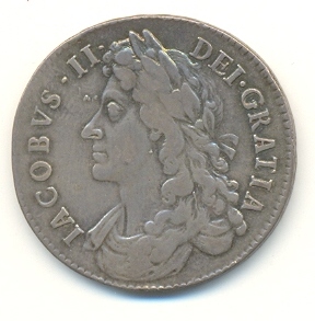 Half-Crown coin of James II, 1686. The inscription reads IACOBUS II DEI GRATIA (James II by the Grace of God)