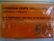 An unopened box of Potassium iodate tablets, produced and distributed to the population of the Republic of Ireland in case of a terror attack on the Sellafield nuclear power station in the United Kingdom.