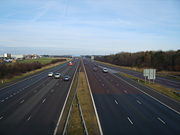 Vehicles driving on the left on the A1 Motorway near Washington Services in Tyne and Wear, England heading towards Scotland.