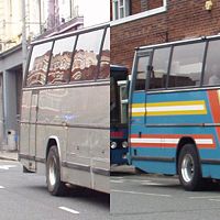 Comparison of continental door (left) against standard emergency exit door (right) on Plaxton Paramount coaches.