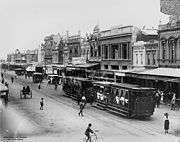 Steam trams in Rockhampton, Queensland - note the small boiler at the front of the leading tram.