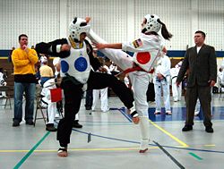 Kicks to the head are common in taekwondo sparring.