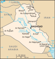 A scaled map of Iraq showing major cities, the Euphrates & the Tigris, the unnamed peak, and the surrounding area.
