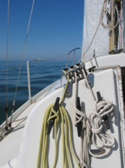 Standing rigging (on the left) and running rigging (on the right), on a sailing boat.