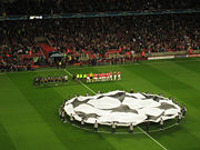 The Champions League flag is shown on the centre of the pitch before every game in the competition