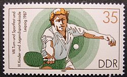 Table tennis depicted on a 1987 postage stamp from the DDR