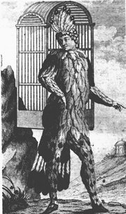Emanuel Schikaneder, librettist of Die Zauberflöte, shown performing in the role of Papageno. The object on his back is a birdcage; see below.
