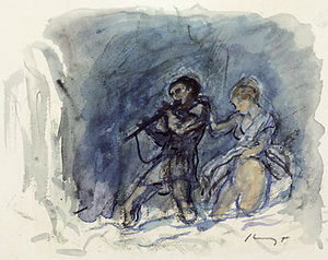 Tamino and Pamina undergo their final trial; watercolor by Max Slevogt (1868-1932)