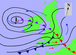 A ficticious synoptic chart of an extratropical cyclone affecting the UK.  The blue arrows between isobars indicate the direction of the wind, while the "L" symbol denotes the centre of the "low". Note the occluded, cold and warm frontal boundaries.