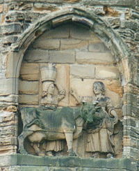 Legend of the founding of Durham Cathedral is that monks carrying the body of Saint Cuthbert were led to the location by a milk maid who had lost her dun cow, which was found resting on the spot.
