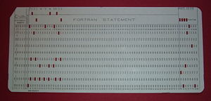 A 1970s punched card containing one line from a FORTRAN program. The card reads: "Z(1) = Y + W(1)" and is labelled "PROJ039" for identification purposes.
