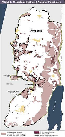 Map of West Bank settlements and closures as of January 2006, prepared by the United Nations Office for the Coordination of Humanitarian Affairs. Yellow areas are the main Palestinian urban centers. Light pink represents closed military areas or settlement boundary areas or areas isolated by the Israeli West Bank Barrier; dark pink represents settlements, outposts or military bases. The black line marks the route of the Barrier.