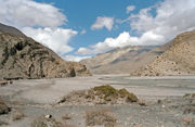 The arid and barren Himalayan landscape.