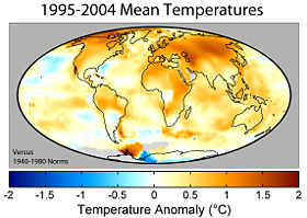 Mean surface temperature anomalies during the period 1995 to 2004 with respect to the average temperatures from 1940 to 1980
