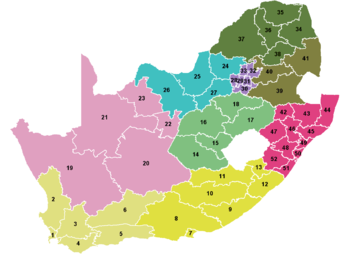 Map showing the provinces and districts (numbered) of South Africa.          Northern Cape       North West       Gauteng             Limpopo             Mpumalanga        KwaZulu-Natal       Eastern Cape        Free State           Western Cape       