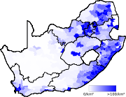 Population density by municipality. Large areas of South Africa are sparsely populated.