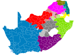 Map showing principal South African languages by municipality. Lighter shades indicate a non-majority plurality.          Afrikaans       Northern Sotho       Southern Sotho       Swati       Tsonga        Tswana       Venda       Xhosa       Zulu       