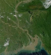 Satellite image presenting physical features of Bangladesh.