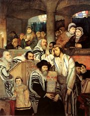 Ashkenazi Jews of late 19th century Eastern Europe portrayed in Jews Praying in the Synagogue on Yom Kippur (1878), by Maurycy Gottlieb.