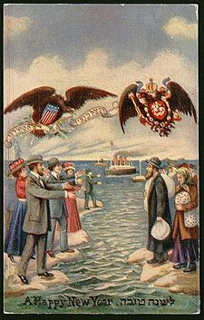 In this Rosh Hashana greeting card from the early 1900s, Russian Jews, packs in hand, gaze at the American relatives beckoning them to the United States. Over two million Jews would flee the pogroms of the Russian Empire to the safety of the US from 1881-1924.