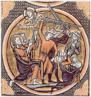 Jews (identifiable by the distinctive hats that they were required to wear) being killed by Christian knights.  French Bible illustration from 1255.