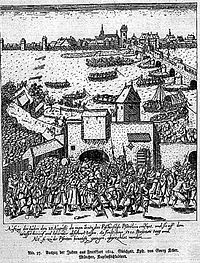 Etching of the expulsion of the Jews from Frankfurt on August 23, 1614. The text says: "1380 persons old and young were counted at the exit of the gate"