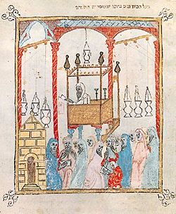 Image of a cantor reading the Passover story in Moorish Iberia, from a 14th century Iberian Haggadah.