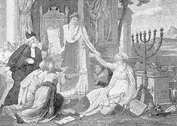 Napoleon emancipating the Jews, represented by the woman with the menorah, an 1804 French print.