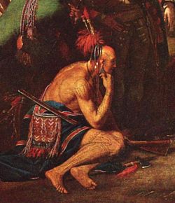 A section of Benjamin West's The Death of General Wolfe; West's depiction of this Native American has been considered an idealization in the tradition of the "Noble savage" (Fryd, 75)