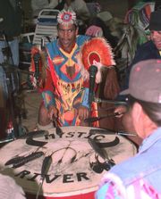 Mystic River Singers performing at a pow wow in 1998.