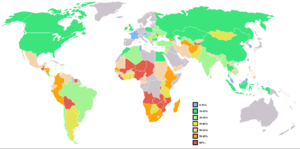 Percentage of population by country living below the poverty line.