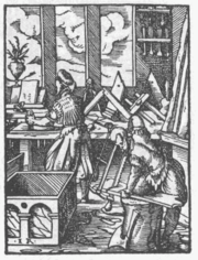 Woodworking shop in Germany in 1568, the worker in front is using a bow saw and the one in the background is planing