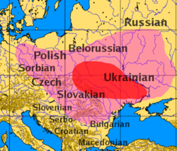 Historical distribution of the Slavic languages. The area shaded in light purple is the Prague-Penkov-Kolochin complex of cultures of the 6th to 7th c. AD, likely corresponding to the spread of Slavic tribes at the time. The area shaded in darker red indicates the core area of Slavic river names (after EIEC p. 524ff.)