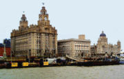 Liverpool's skyline, as seen from the River Mersey. The Liver Building on the left